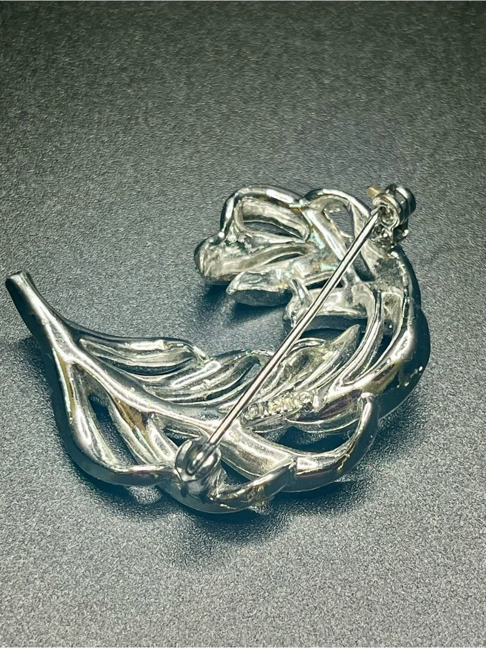 Vintage Lisner Rhinestone Leaf Brooch Silver Tone Signed Mid Century